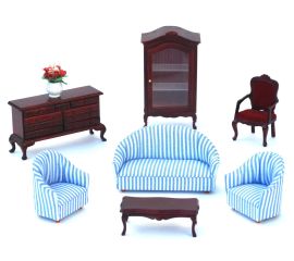 Wooden Blue Sofa Mahogany Living Room Set 
