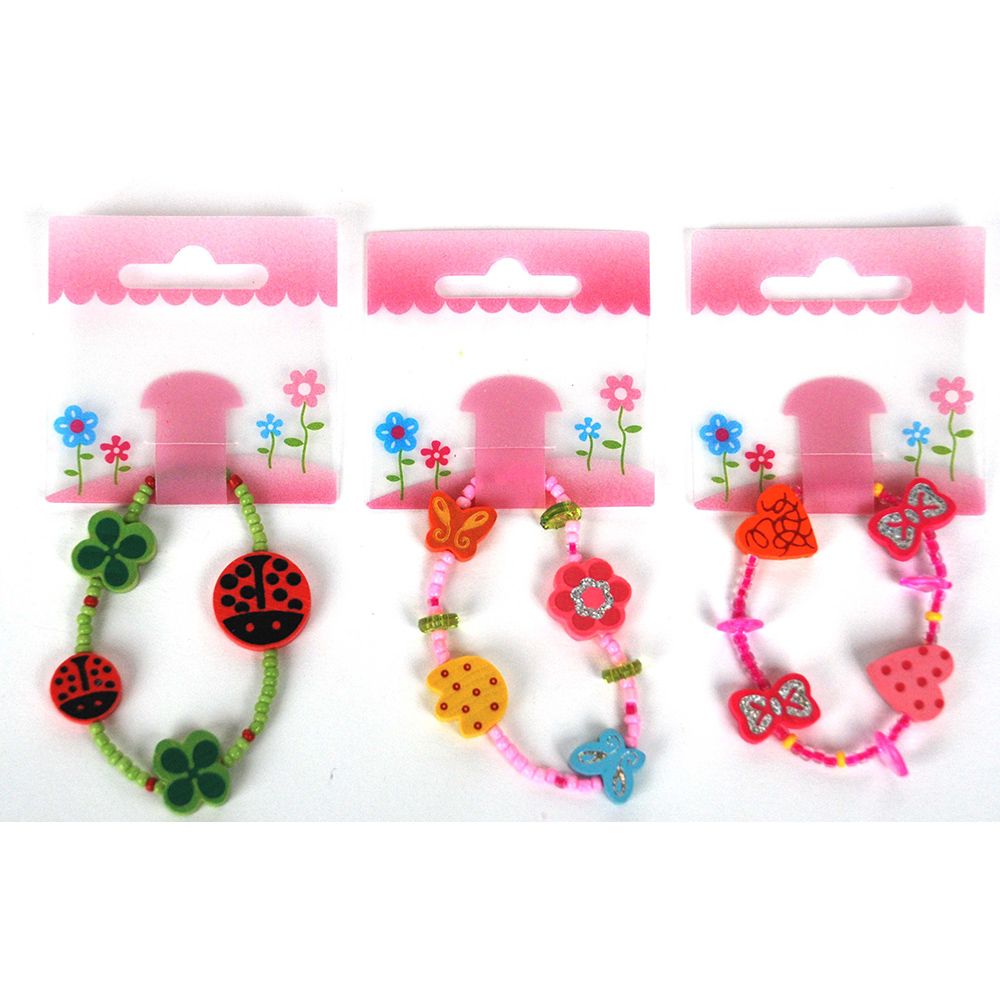 Wooden Bracelet -Ladybird, Flower and Love Heart