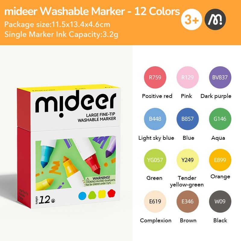 Mideer Large Fine-Tip Washable Marker - 12 Colors